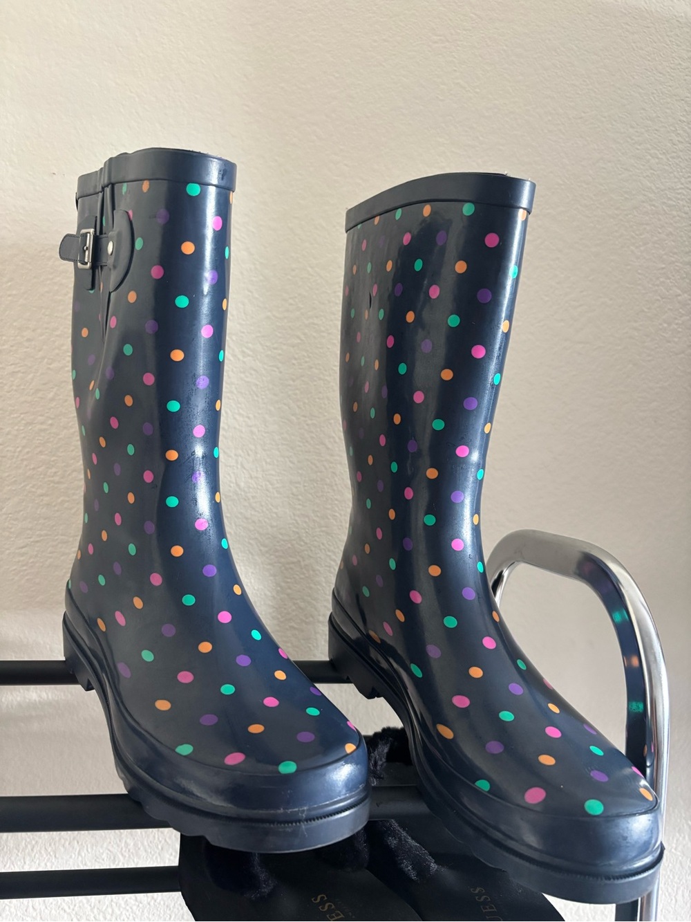 Women's Navy Polka Dot Waterproof Rain Boots with Side Buckle